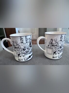 Set of Vintage Epoch Black & White Illustrated Ceramic Mugs - Le Restaurant